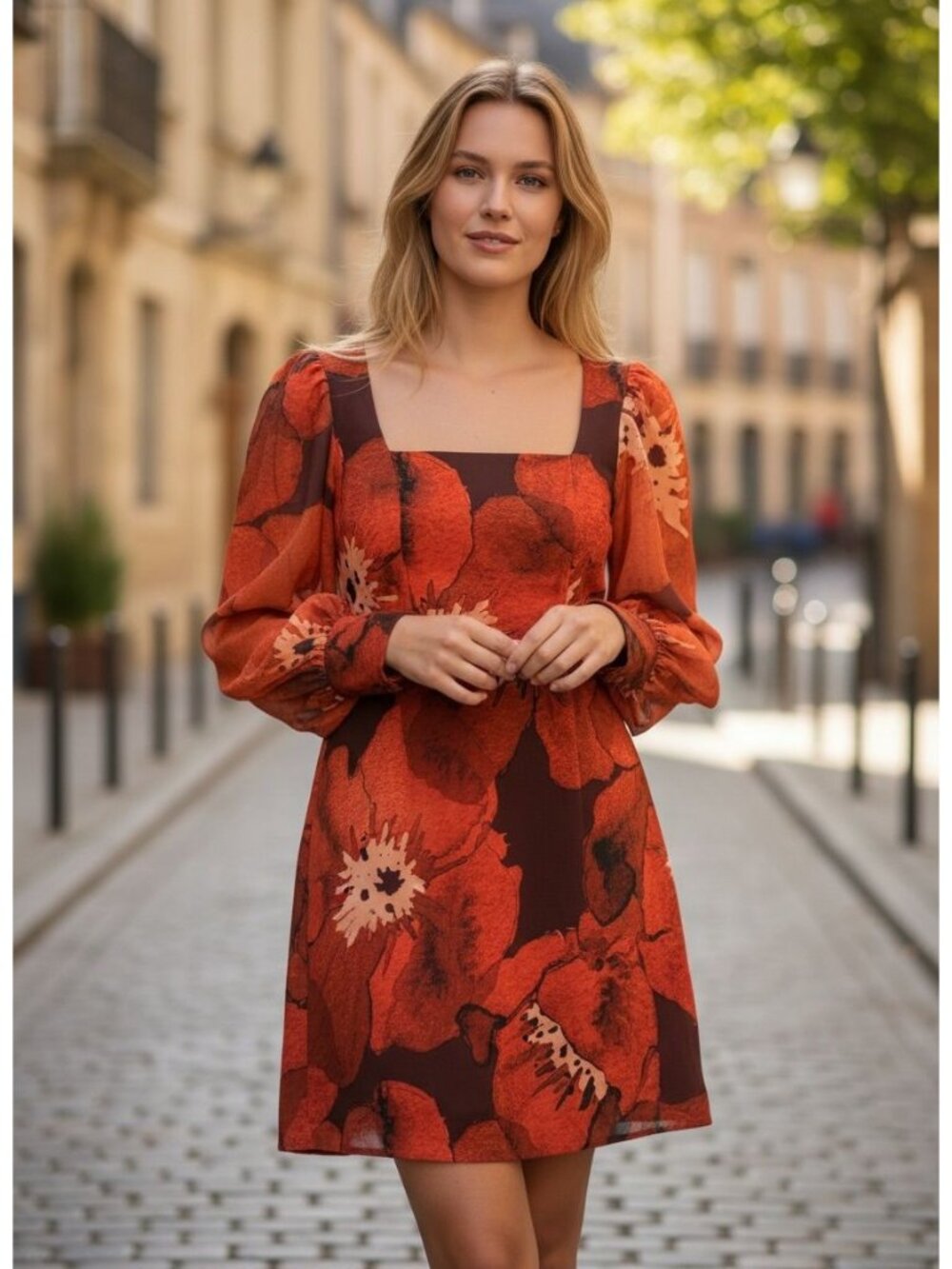 Anthropology Hutch Poppy Square Neck Long Sleeve Mini Dress Red 2 Puff Sleeve